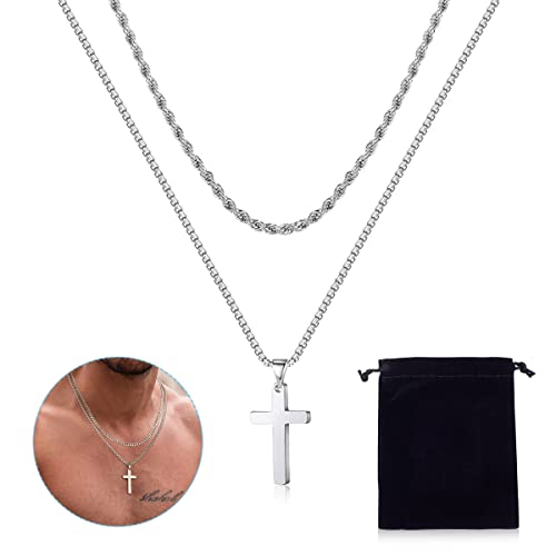 SANNIDHI 2Pcs Cross Necklaces Set Layered Chain Cross Pendant Necklace for Men Women Boys Girls, Classic Electroplated Titanium Steel Necklaces with Flannel Bag Jewelry Gifts (Silver) SANNIDHI 2Pcs Cross Necklaces Set Layered Chain Cross Pendant Necklace for Men Women Boys Girls, Classic Electroplated Titanium Steel Necklaces with Flannel Bag Jewelry Gifts (Silver)